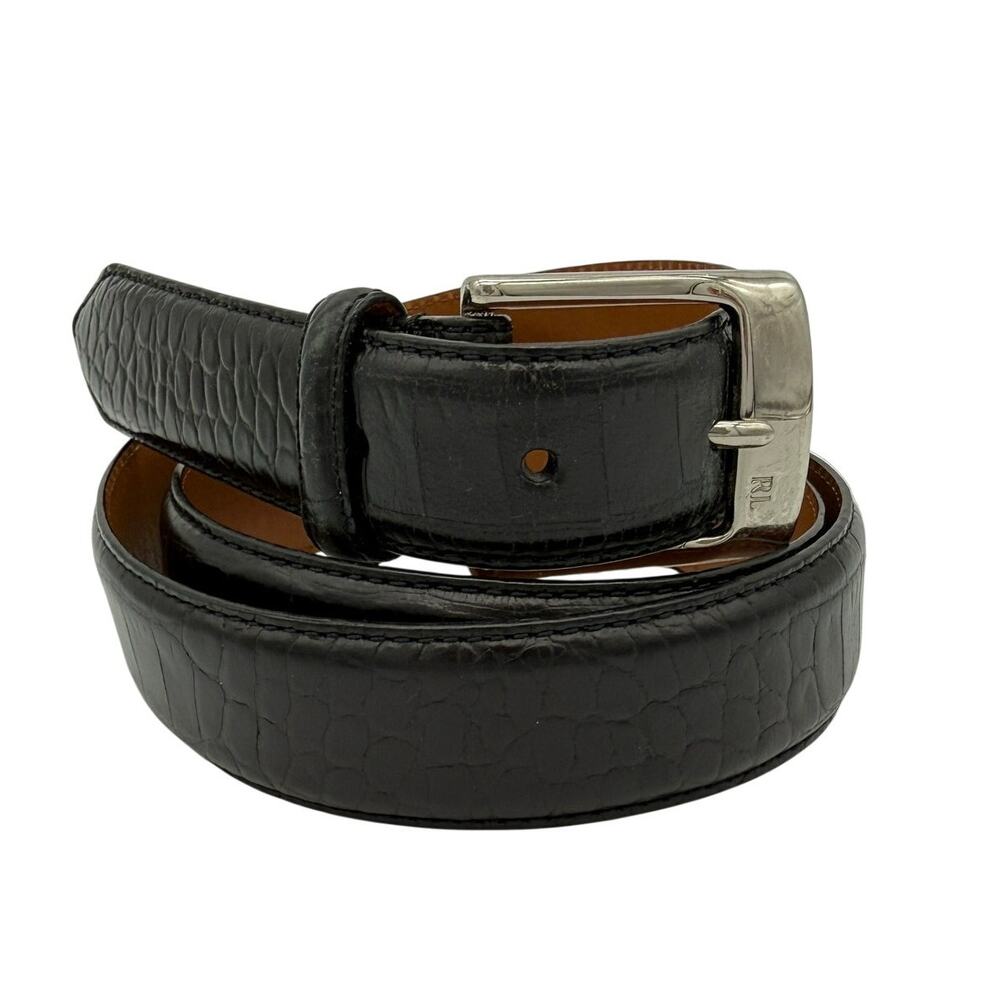 Polo Ralph Lauren Black Croc Embossed Leather Belt Solid Brass Buckle Size 38